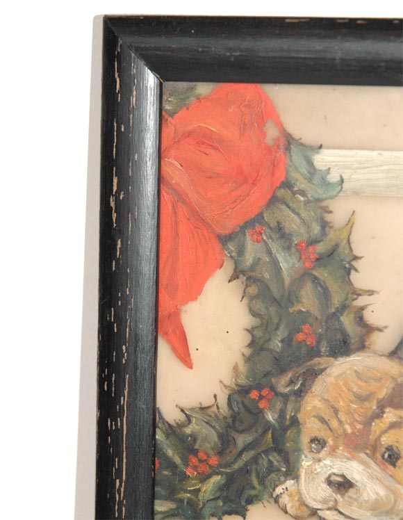 19THC OIL PAINTING/ CHRISTMAS PUPPIES PAINTING ON GLASS 2