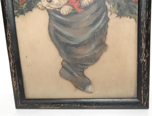 19THC OIL PAINTING/ CHRISTMAS PUPPIES PAINTING ON GLASS 4