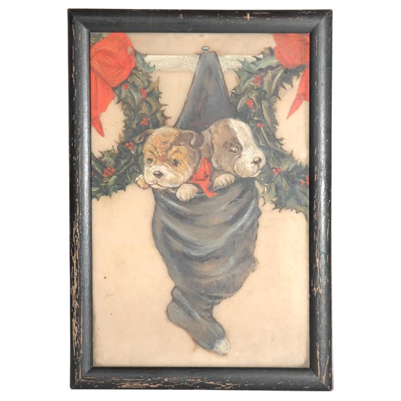 19THC OIL PAINTING/ CHRISTMAS PUPPIES PAINTING ON GLASS
