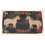 1920'S HAND HOOKED AND MOUNTED FOLKY PICTORIAL HORSES RUG