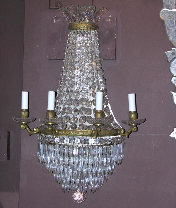 Pair of 19th Century Doree French Bronze and Crystal Sconces