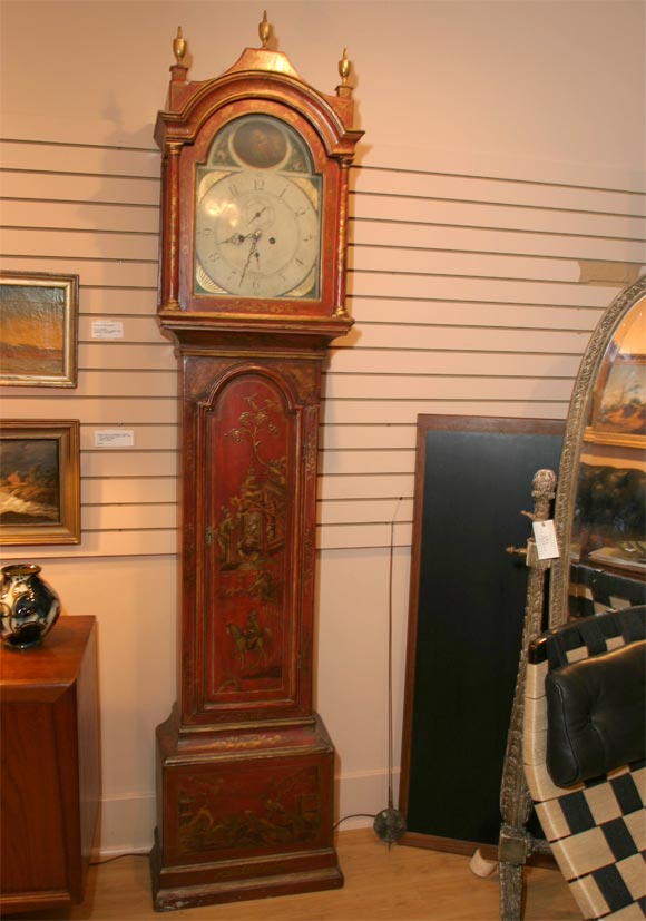 Tall red chinoiserie grandfather 8-day clock by James Robertson, Dundee, dated 1785.  Gilded finials, dial painted with an angel cartouche and roses in the corners. Chimes on the hour, has date and second hands.   Keeps good time.