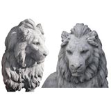 Vintage Pair of French 40s Cement Lion Statues