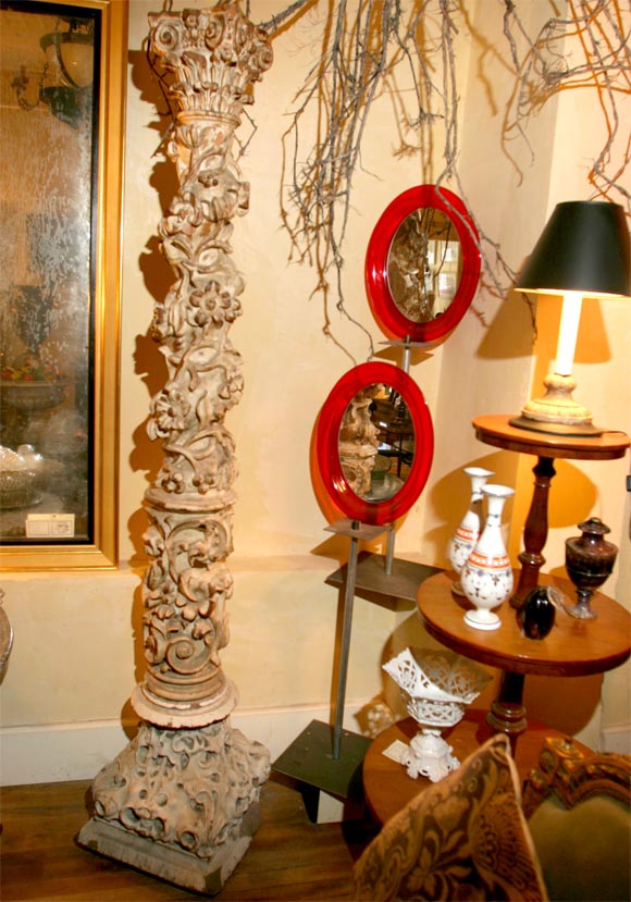 Carved Wood Italian Column on Sandstone Base