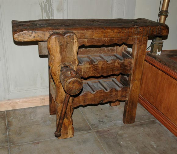 Small Walnut work bench with wooden vise.  works well as a mini bar.