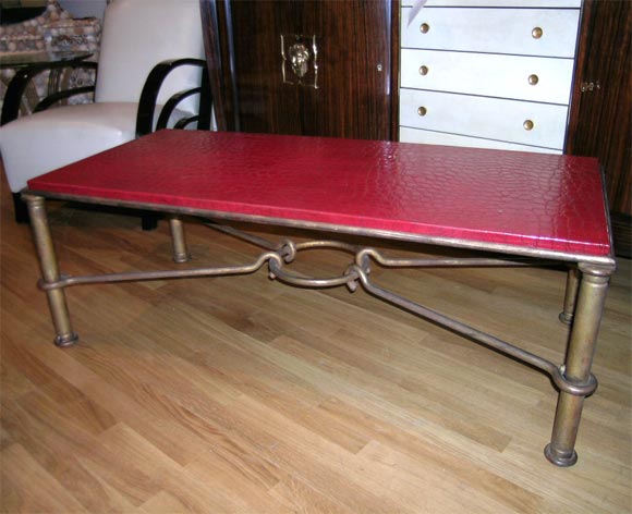 #1107 Gilt Metal and Embossed Red Leather Coffee Table
