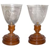 wood stands with etched glass globes