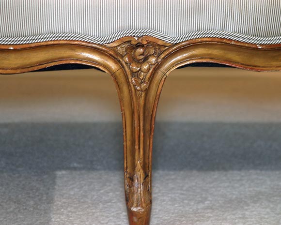 Pair French Corbeilles in gilt Mahogany, now upholstered in cream and grey silk ticking