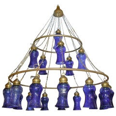 Egyptian Handblown Chandelier with Cobalt Bell-Shaped Glass