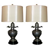 A Pair of  Pewter and Brass Classic Modern Table Lamps