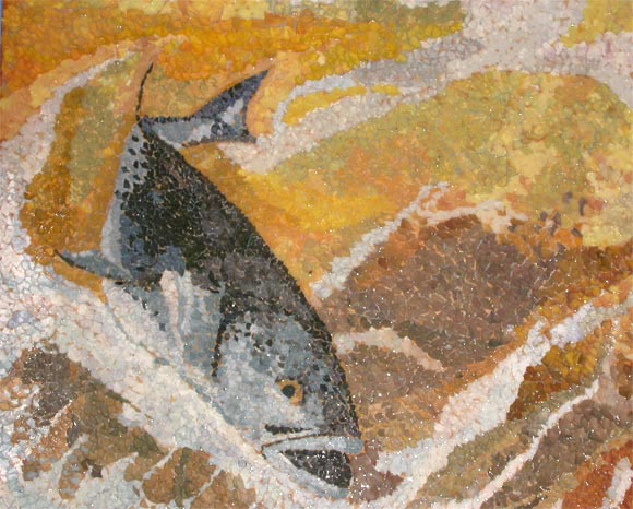 Bluefish Mosaic made from ripped paper on wood panel