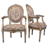 PAIR LOUIS XVI FAUTEUILS WITH NEEDLEPOINT TAPESTRY