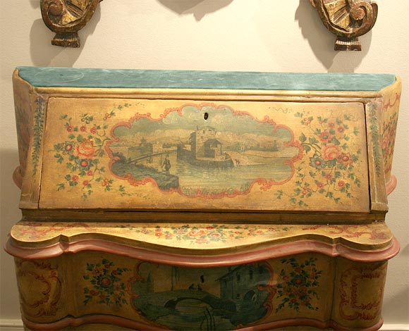 Stunning Venetian secretaire in original painted papier mache surface with 18th century scenes depicting Venice. Gently restored.