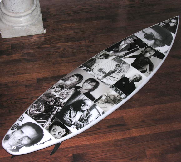 Signed Collage of Makos vintage b&w fiber based silver gelatin prints. Fiberglassed into top of functional surfboard.