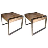 pair of Paul Evans chrome and burl wood endtables