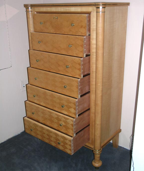 Tall Sycamore Chest of drawers(Semainier), with parquetry draw fronts and brass details