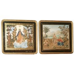 Antique Pair Religious Tapestry Art Signed Francia Perrichon Dated 1858