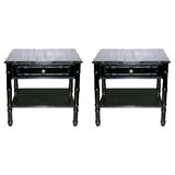 Pair 1950's black lacquered faux bamboo side tables