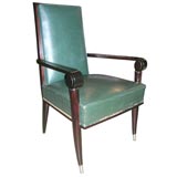 Set of 8 Mahogany and Green Leather Dining Chairs by Pascaud