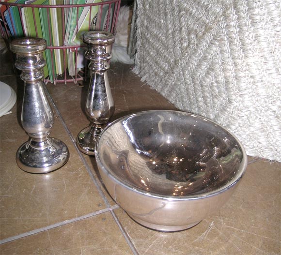 Mercury Glass Bowl and Pair of Candlesticks  Rose Colored Set
