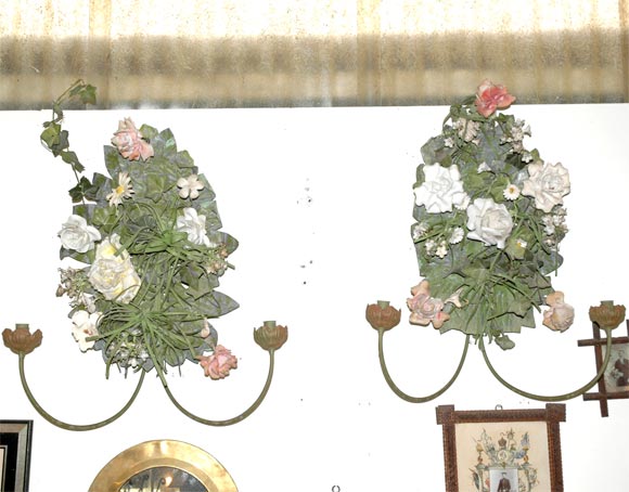 C.1880 Italian Tole and Bisque Candle Sconces