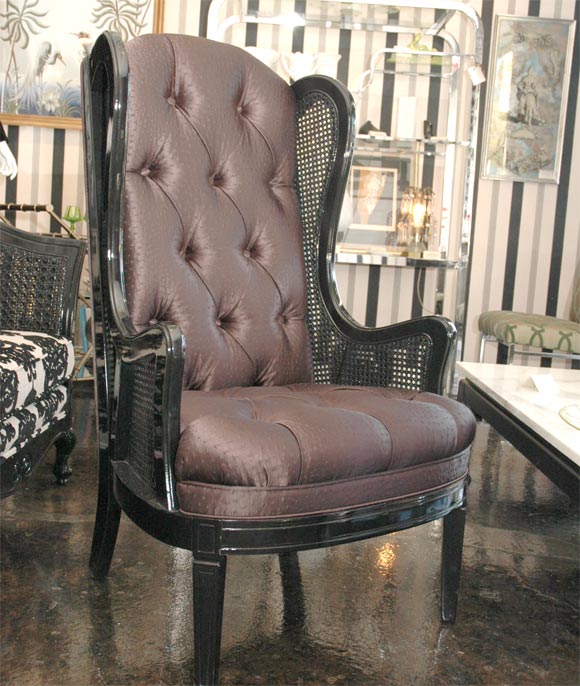 Black Lacquer Vintage High Back Chair with Cane wing arms.