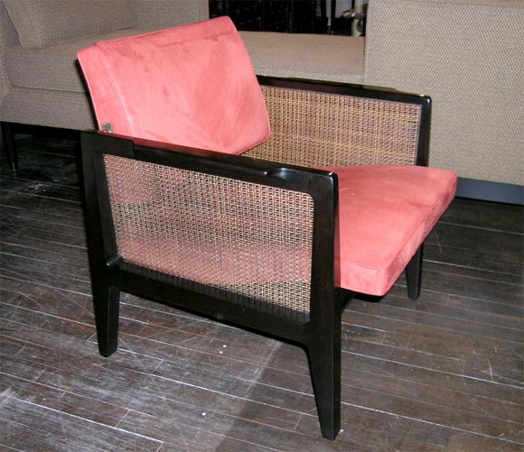 Pr. of Mahogany Frame Lounge Chairs, with Cained Sides.  Back Swivel Mechanism.  Rust Red Ultra Suede.
