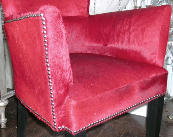 Contemporary French Deco Style Cowhide Armchair with Nailheads