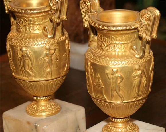 Pair of Gilt Bronze Grand Tour Urns on Marble Bases For Sale 1