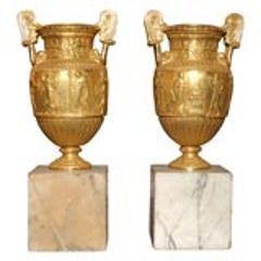 Pair of Gilt Bronze Grand Tour Urns on Marble Bases 2