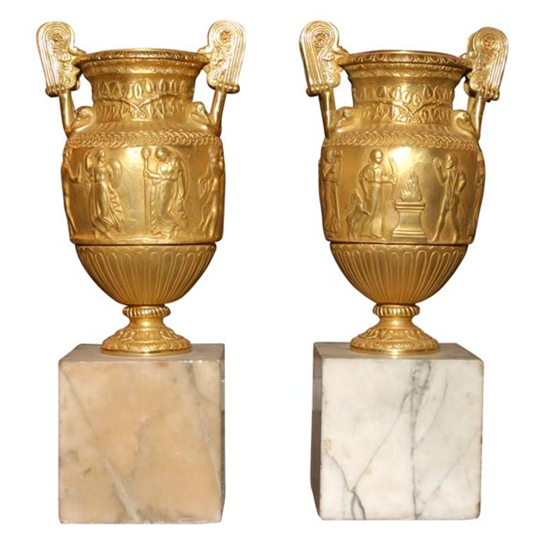 Pair of Gilt Bronze Grand Tour Urns on Marble Bases For Sale