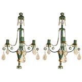 Pair Three Arm Tole and Rock Crystal Sconces