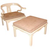 ORIENTAL STYLE CREAM LACQUERED CHAIR AND OTTOMAN