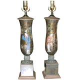Retro Pair of Reverse Painted Silver Leaf Lamps