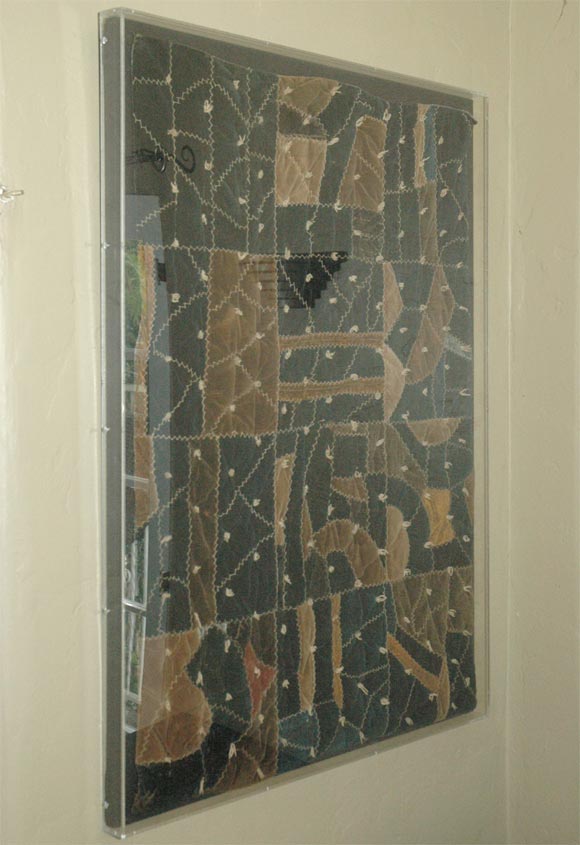 19THC VICTORIAN CRAZY CRIB QUILT MOUNTED AND FRAMED IN PLEXY BOX