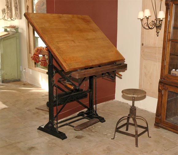 Unusual Drafting Table.  Original working mechanism with Matching Stool