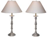 Retro Pair Silver Candlestick Lamps with Pewter Finish