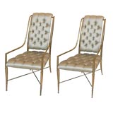 Pair of  Brass and Silk Upholstered Arm chairs