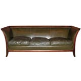 Mahogany Framed Olive Green Leather Sofa