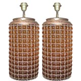 Vintage Pair of Amber Glass and Gilt Metal Lamps