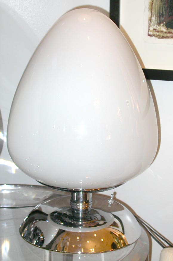 Pair of Italian White Glass Lamps with Chrome Base