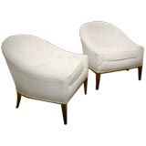 Pair of button-tufted round back lounge chairs