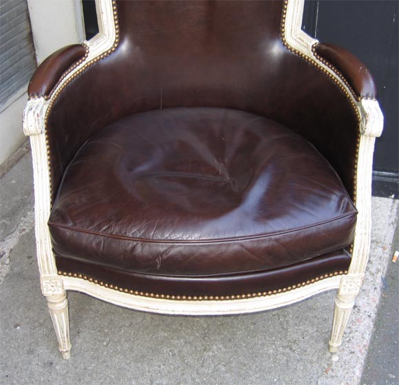 Leather Louis XVI Bergère in White Wood For Sale