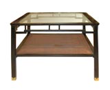 Square Table, Ebonized Wood, Glass & Rattan by Baker
