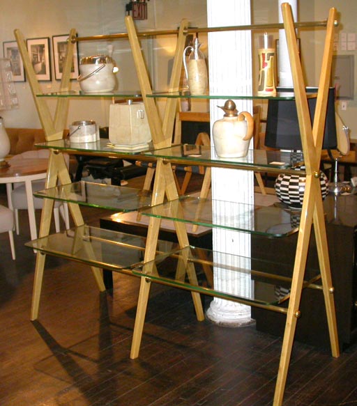 Bleached Mahogany Open Shelf Unit with Brass Mounts and Original Glass Shelves.  In the manner of Ico Parisi.