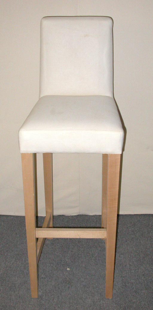 this custom bar stool is available in all finishes and a variety of sizes.  Its made of solid, kiln-dried Maple and shown in muslin but can be upholstered COM or from a selection of available fabrics, leathers and pleathers.  Allow 10 weeks for