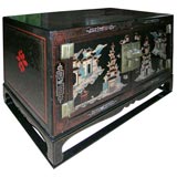 Four Chinese Hardstone-Inlaid Black Lacquer Coffers on Stands