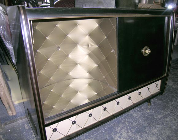 Beautiful record player console with sliding doors, glass shelves and upholstered panels