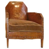 French Deco 1930's Armchair with Brass Studs and Velvet Cushion