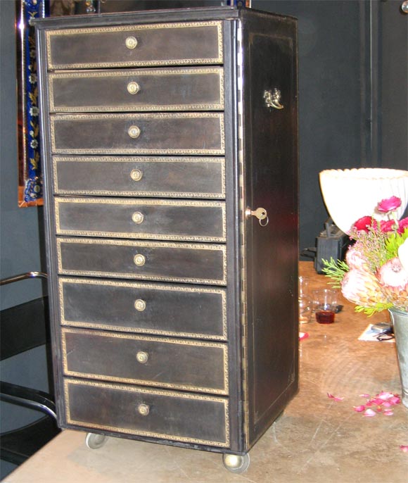French Black Leather Filing Cabinet For Sale